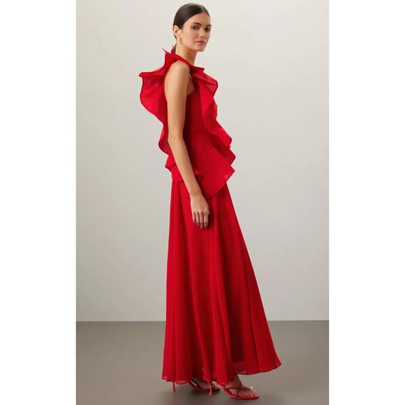 Badgley Mischka Poppy Red Georgette Gown Size 4 - Picture 2 of 10